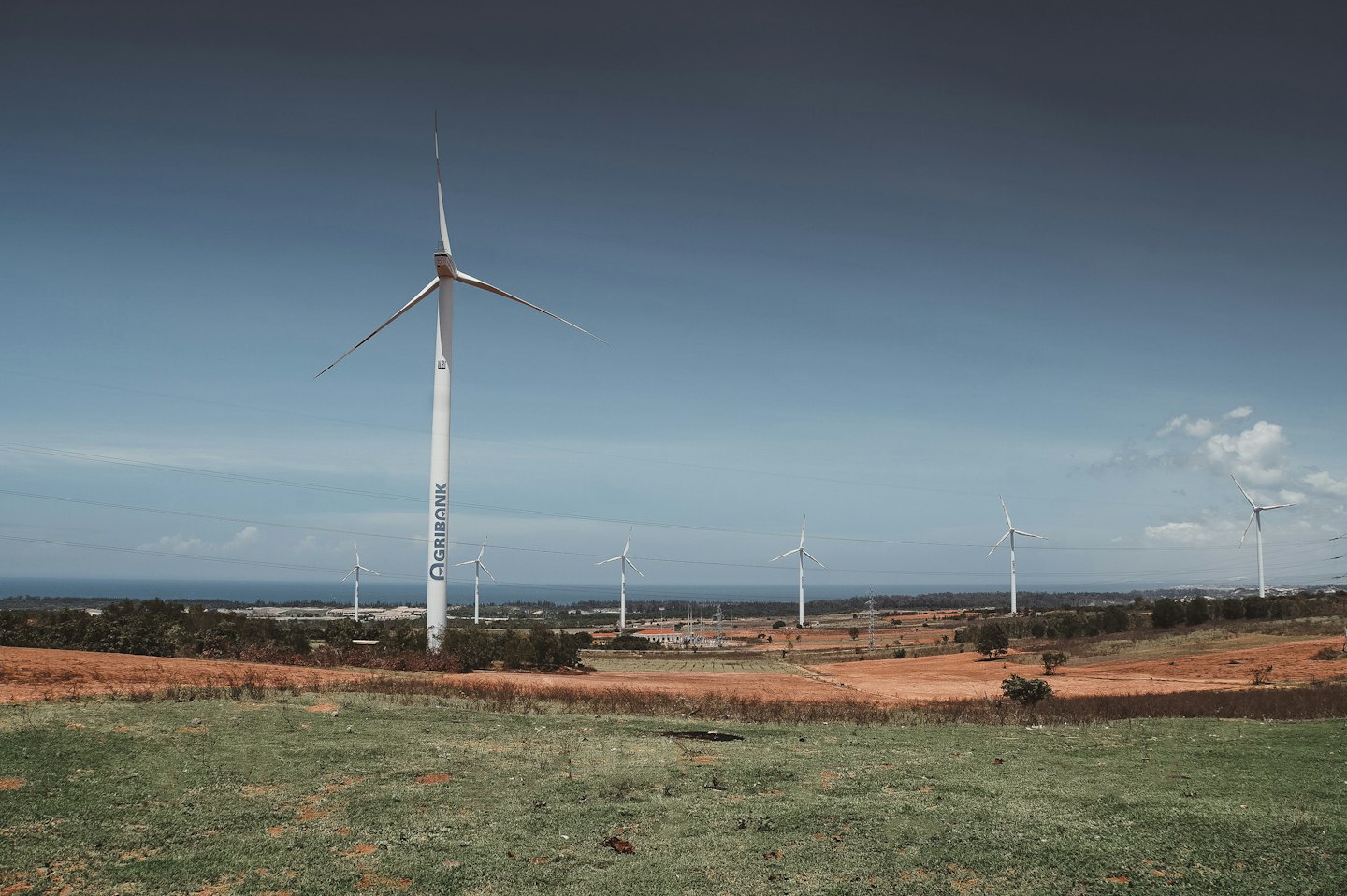 Turbine eoliche bianche in campi erbosi con il mare in lontananza.